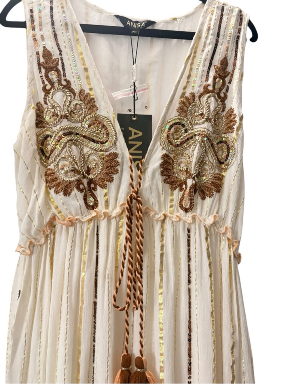 Anisa Spain Goddess Boho Resort Maxi Dress Ecru w/Gold Beaded Sequin Tiered M/L - Picture 3 of 7
